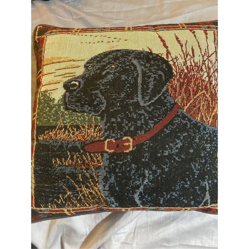 Vintage needlepoint, black Labrador retriever plaid print pillow 12 x 12